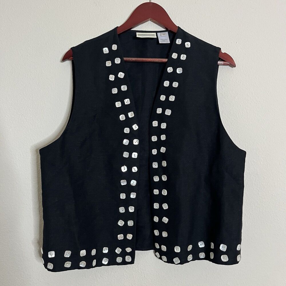 Vtg 90s Susan Bristol SZ M Linen Blend Buttons Open Womens Vest Black Artsy